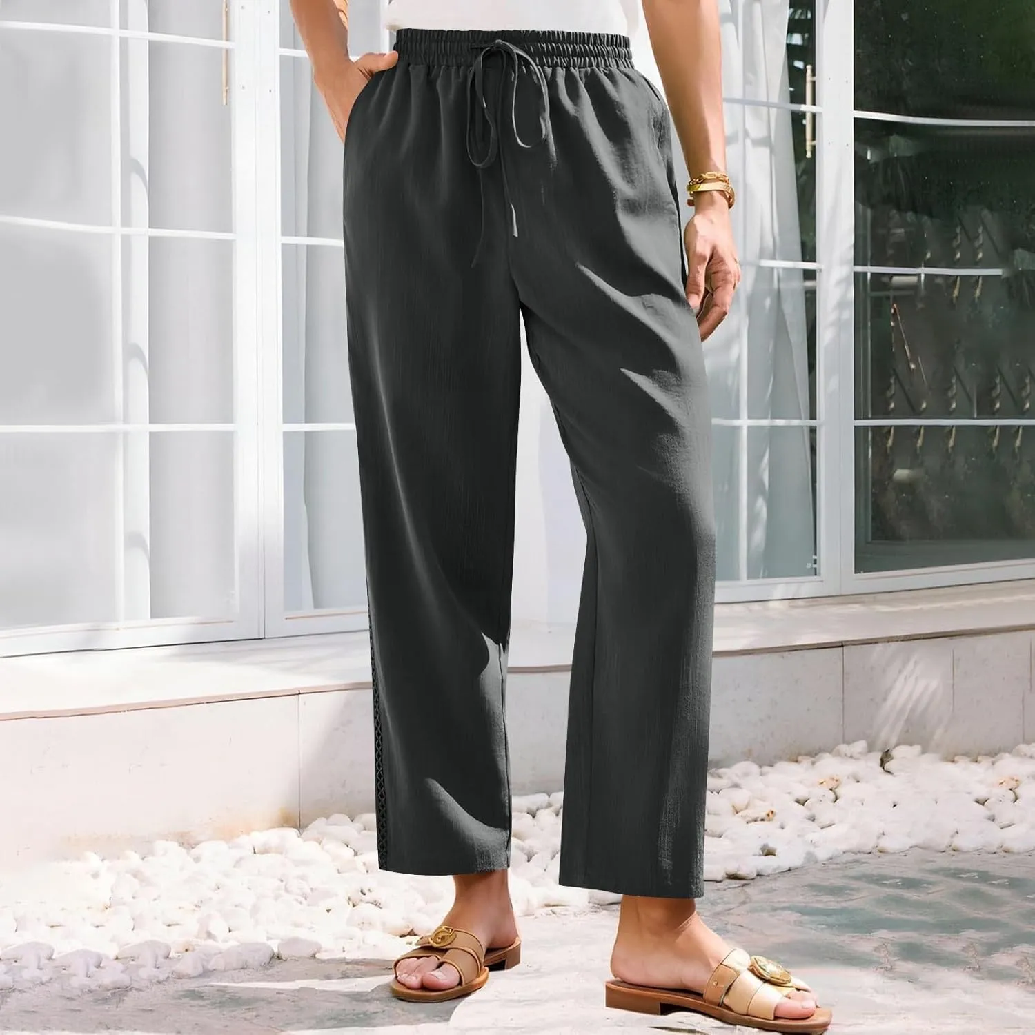 Womens Linen Pants,Drawstring Wide Leg Pants Woman Elastic Waist Summer Business Casual Beach Work Palazzo Trousers