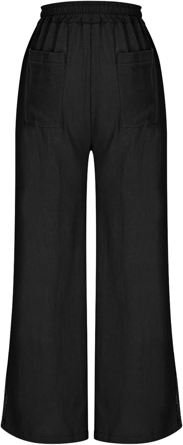 Womens Linen Pants,Drawstring Wide Leg Pants Woman Elastic Waist Summer Business Casual Beach Work Palazzo Trousers