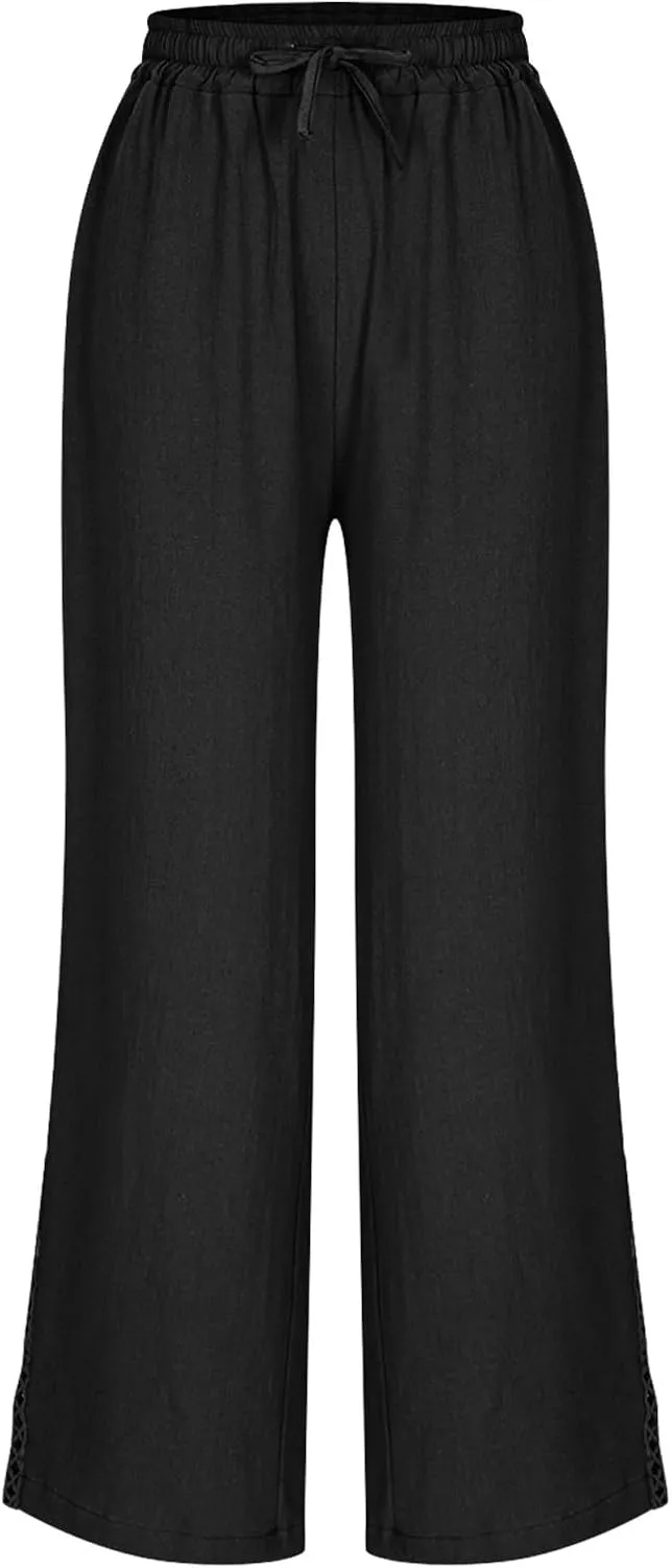Womens Linen Pants,Drawstring Wide Leg Pants Woman Elastic Waist Summer Business Casual Beach Work Palazzo Trousers
