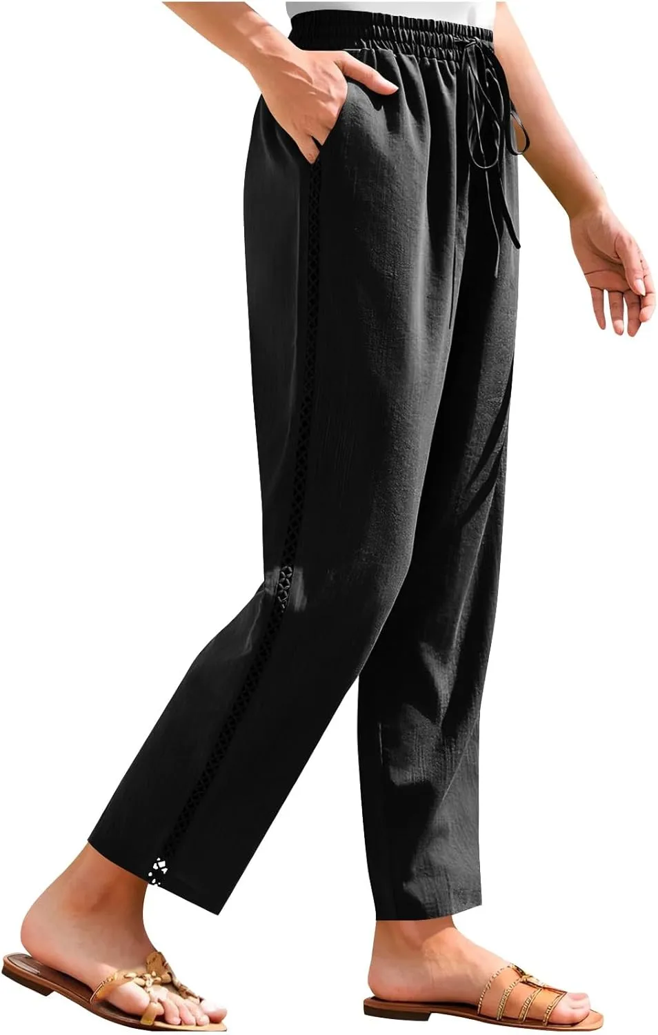 Womens Linen Pants,Drawstring Wide Leg Pants Woman Elastic Waist Summer Business Casual Beach Work Palazzo Trousers