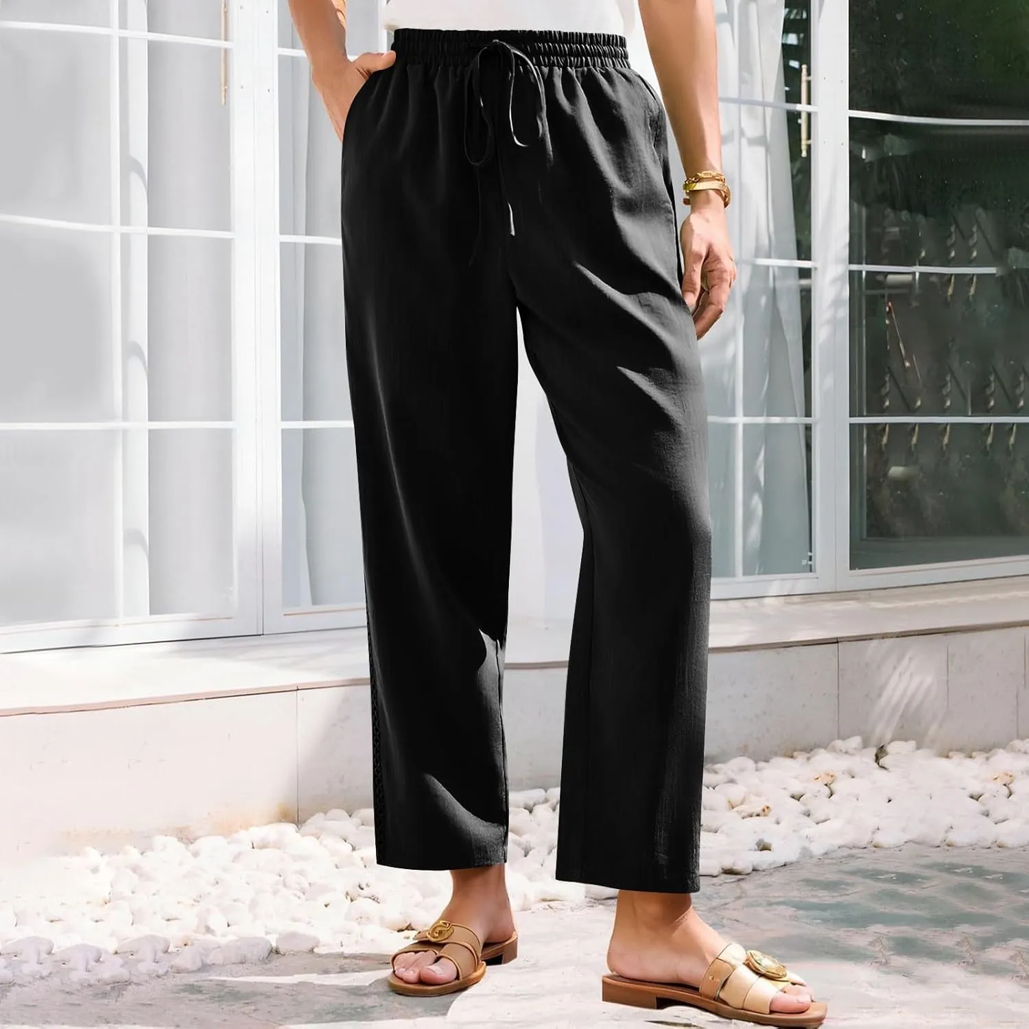 Womens Linen Pants,Drawstring Wide Leg Pants Woman Elastic Waist Summer Business Casual Beach Work Palazzo Trousers