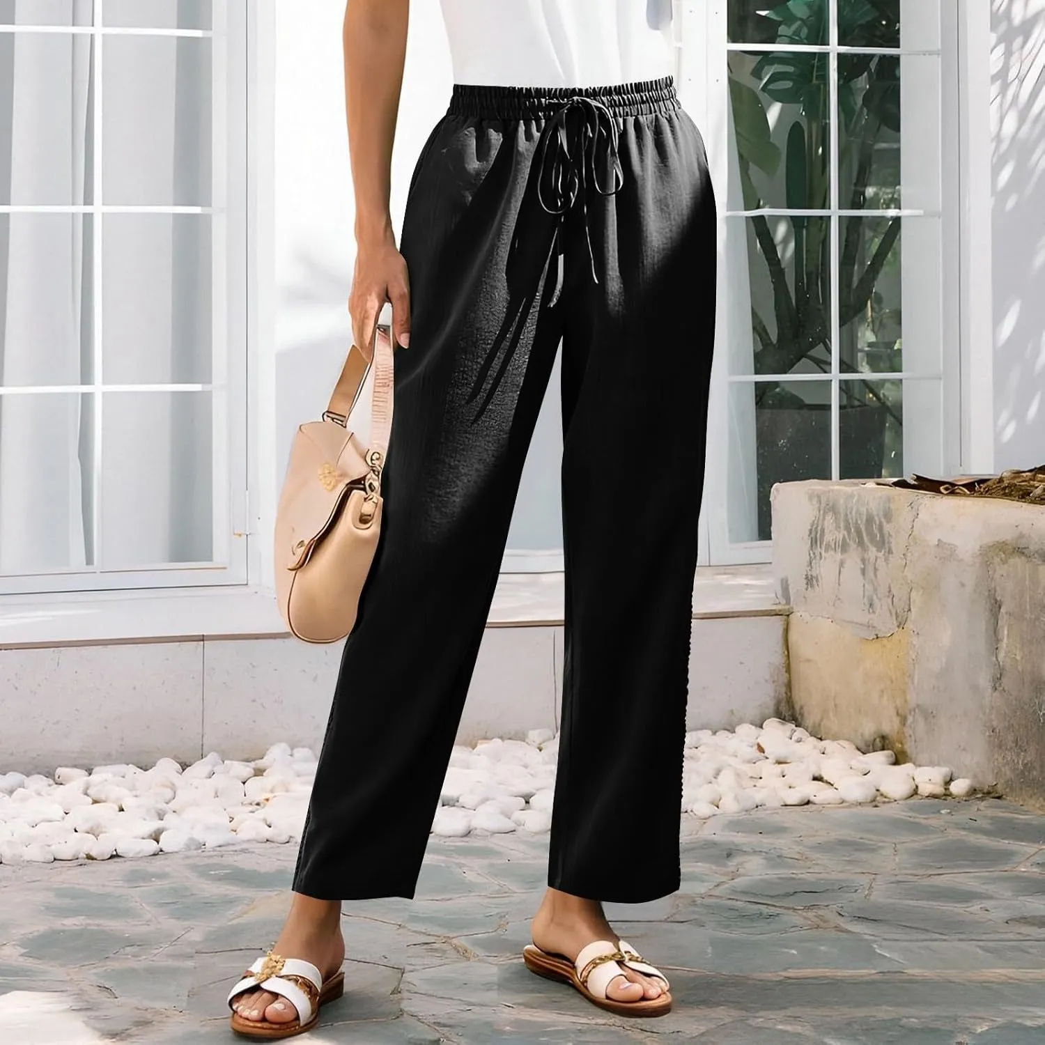Womens Linen Pants,Drawstring Wide Leg Pants Woman Elastic Waist Summer Business Casual Beach Work Palazzo Trousers