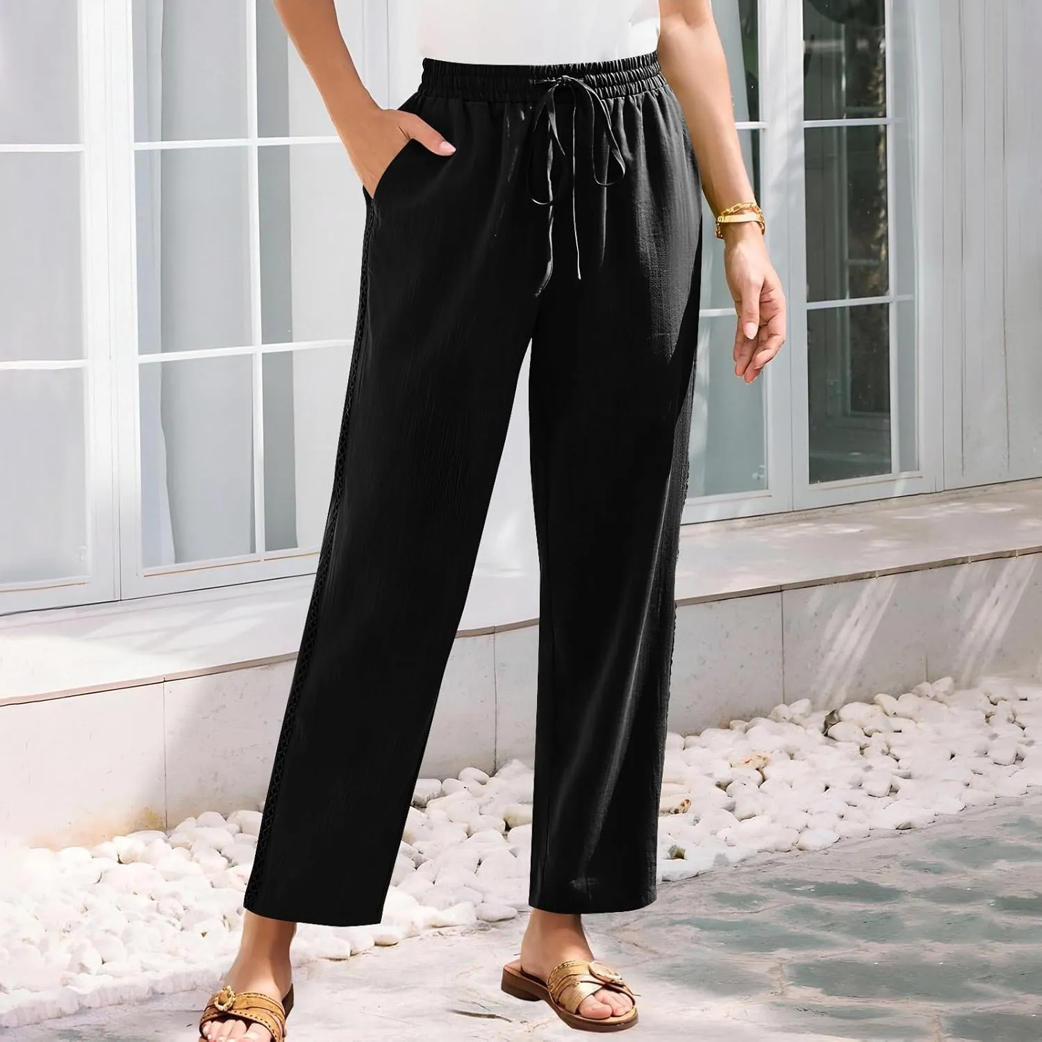 Womens Linen Pants,Drawstring Wide Leg Pants Woman Elastic Waist Summer Business Casual Beach Work Palazzo Trousers