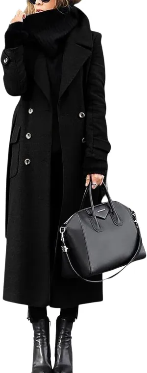 Womens Long Pea Coat Double Breasted Lapel Wool Blend Coat Casual Winter Overcoat