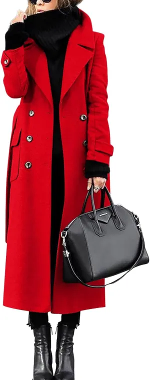 Womens Long Pea Coat Double Breasted Lapel Wool Blend Coat Casual Winter Overcoat