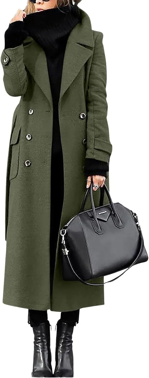 Womens Long Pea Coat Double Breasted Lapel Wool Blend Coat Casual Winter Overcoat