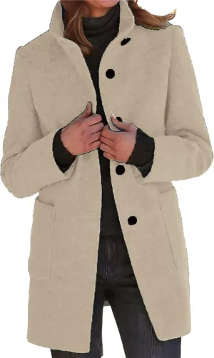 Women's Long Pea Coats Casual Stand Collar Wool Blend Coats Winter Soild Color Thicken Trench Coat Overcoat