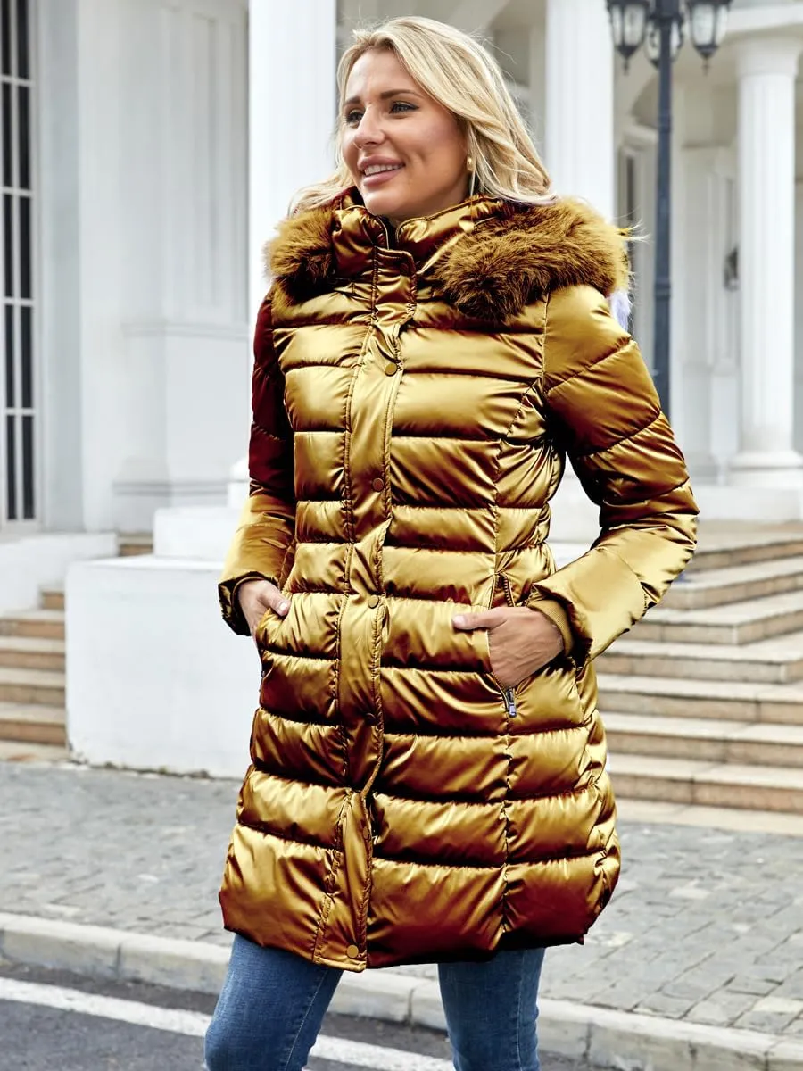 Women's Long Winter Coat Puffer Warm Down Jacket with Detachable Hood Removable Faux Fur Trim Thickened Jacket