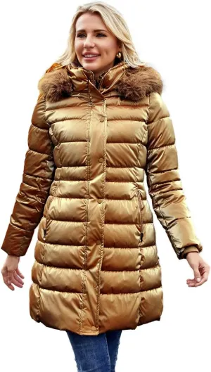 Women's Long Winter Coat Puffer Warm Down Jacket with Detachable Hood Removable Faux Fur Trim Thickened Jacket