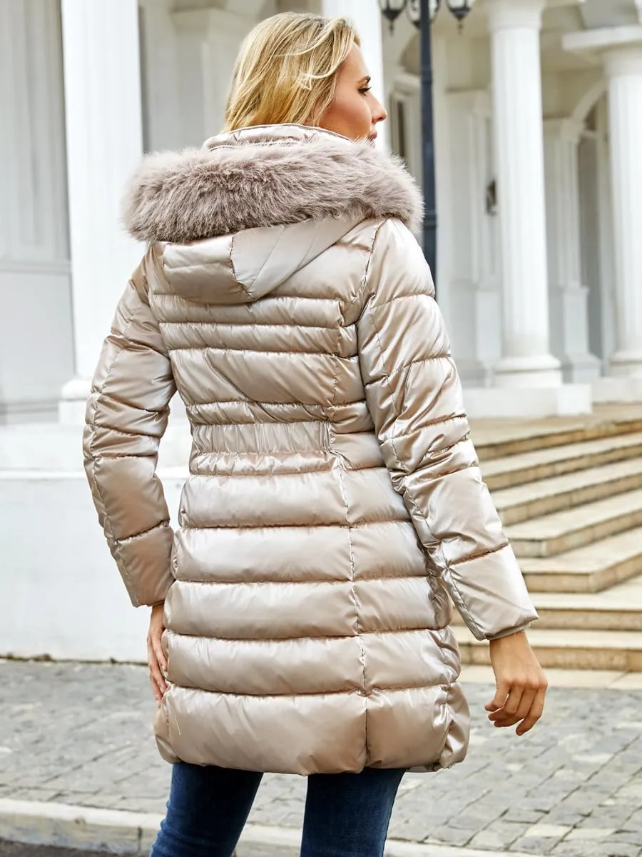 Women's Long Winter Coat Puffer Warm Down Jacket with Detachable Hood Removable Faux Fur Trim Thickened Jacket