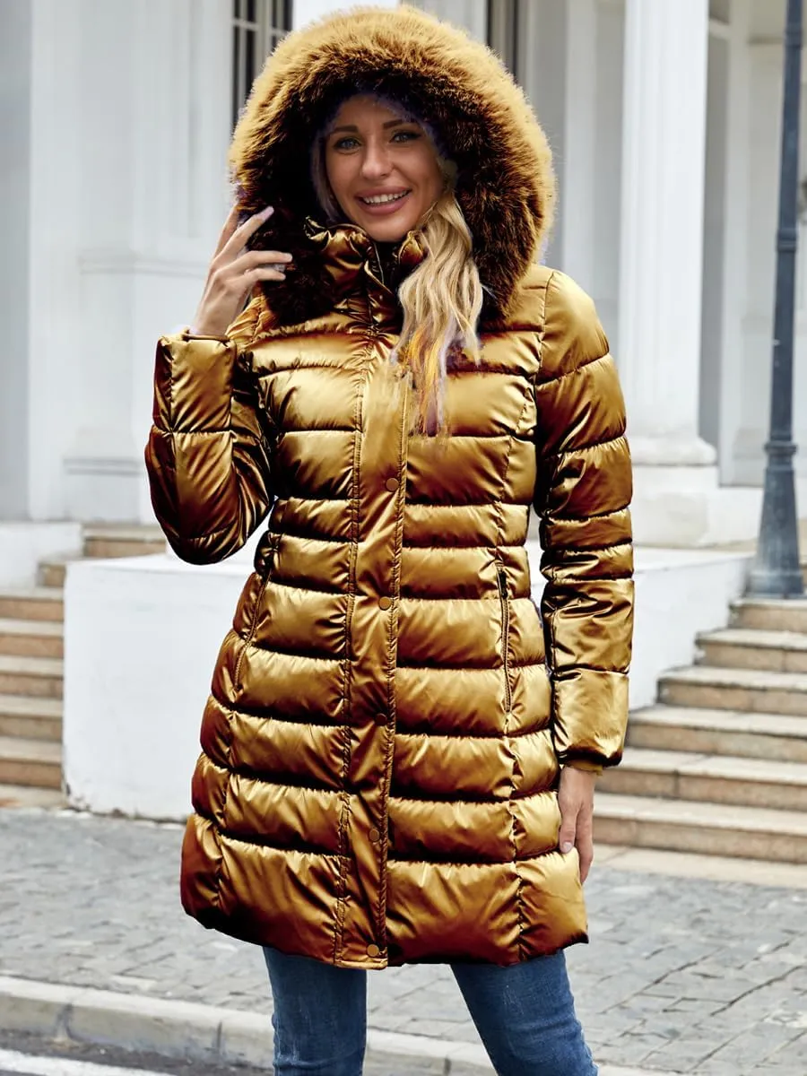 Women's Long Winter Coat Puffer Warm Down Jacket with Detachable Hood Removable Faux Fur Trim Thickened Jacket