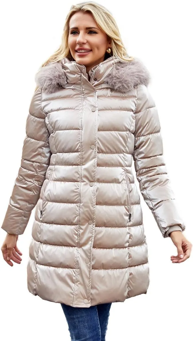 Women's Long Winter Coat Puffer Warm Down Jacket with Detachable Hood Removable Faux Fur Trim Thickened Jacket