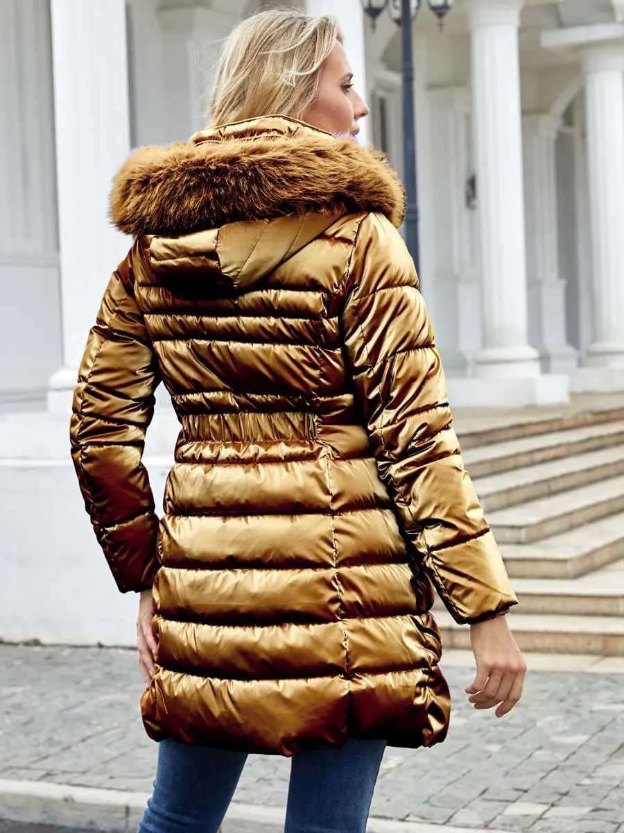 Women's Long Winter Coat Puffer Warm Down Jacket with Detachable Hood Removable Faux Fur Trim Thickened Jacket