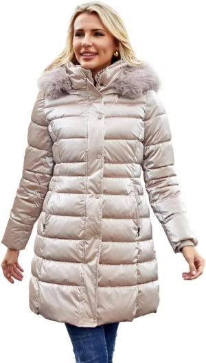 Women's Long Winter Coat Puffer Warm Down Jacket with Detachable Hood Removable Faux Fur Trim Thickened Jacket