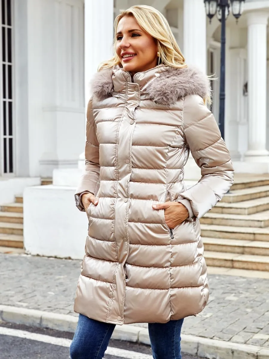 Women's Long Winter Coat Puffer Warm Down Jacket with Detachable Hood Removable Faux Fur Trim Thickened Jacket
