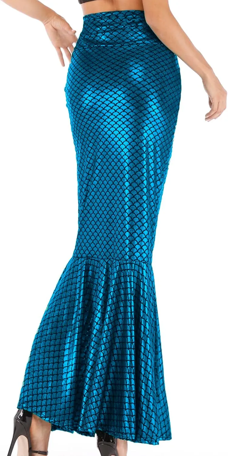 Women's Mermaid Tail Adult Halloween Fish Scale Costume High Waist Metallic Fitted Party Maxi Skirt
