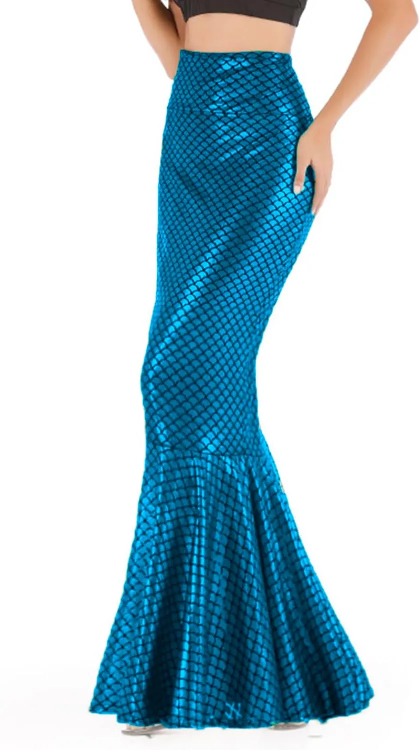 Women's Mermaid Tail Adult Halloween Fish Scale Costume High Waist Metallic Fitted Party Maxi Skirt