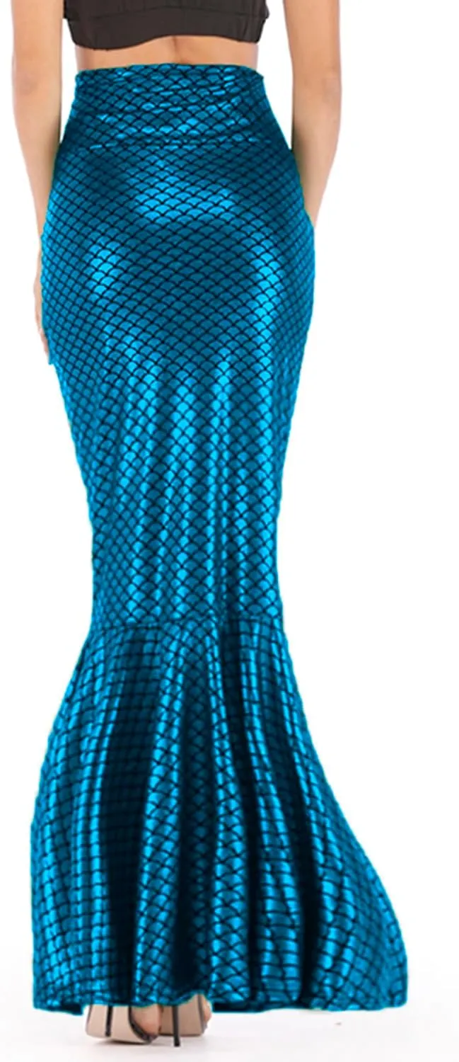 Women's Mermaid Tail Adult Halloween Fish Scale Costume High Waist Metallic Fitted Party Maxi Skirt