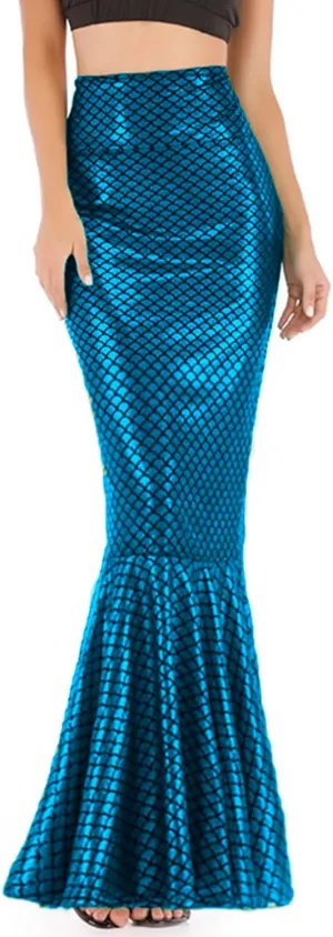 Women's Mermaid Tail Adult Halloween Fish Scale Costume High Waist Metallic Fitted Party Maxi Skirt