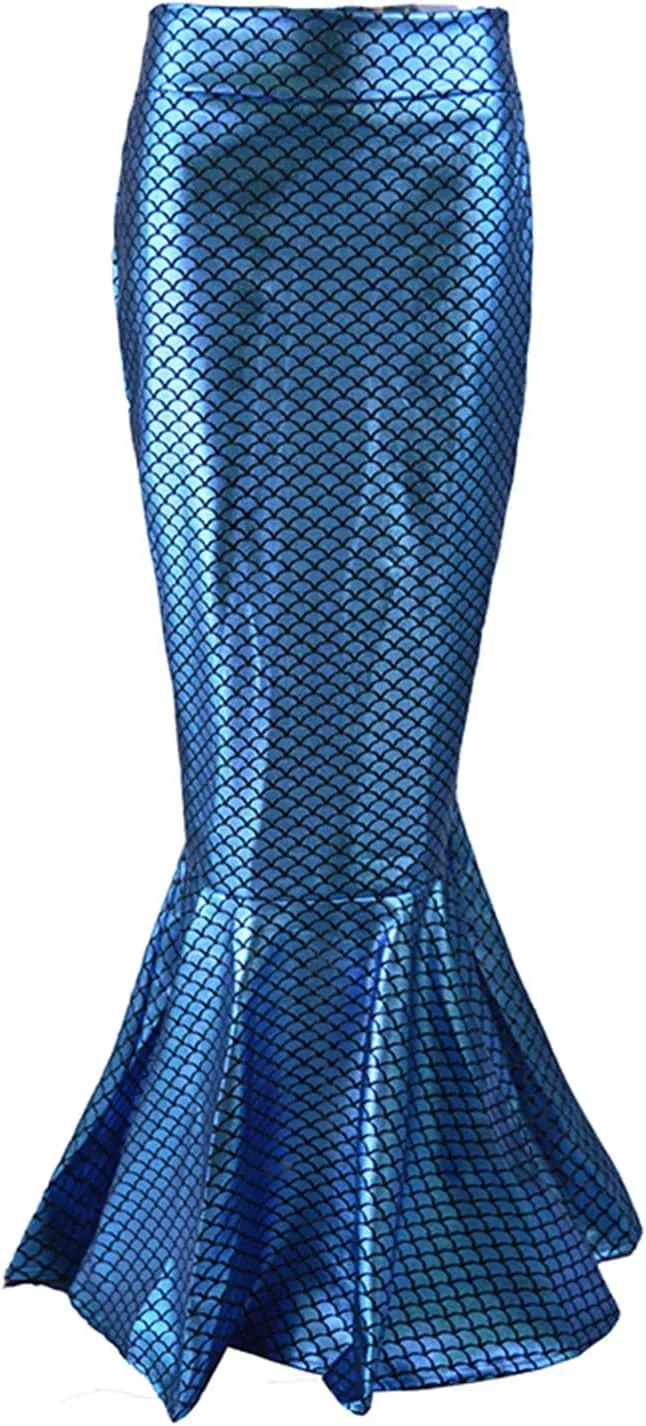Women's Mermaid Tail Adult Halloween Fish Scale Costume High Waist Metallic Fitted Party Maxi Skirt