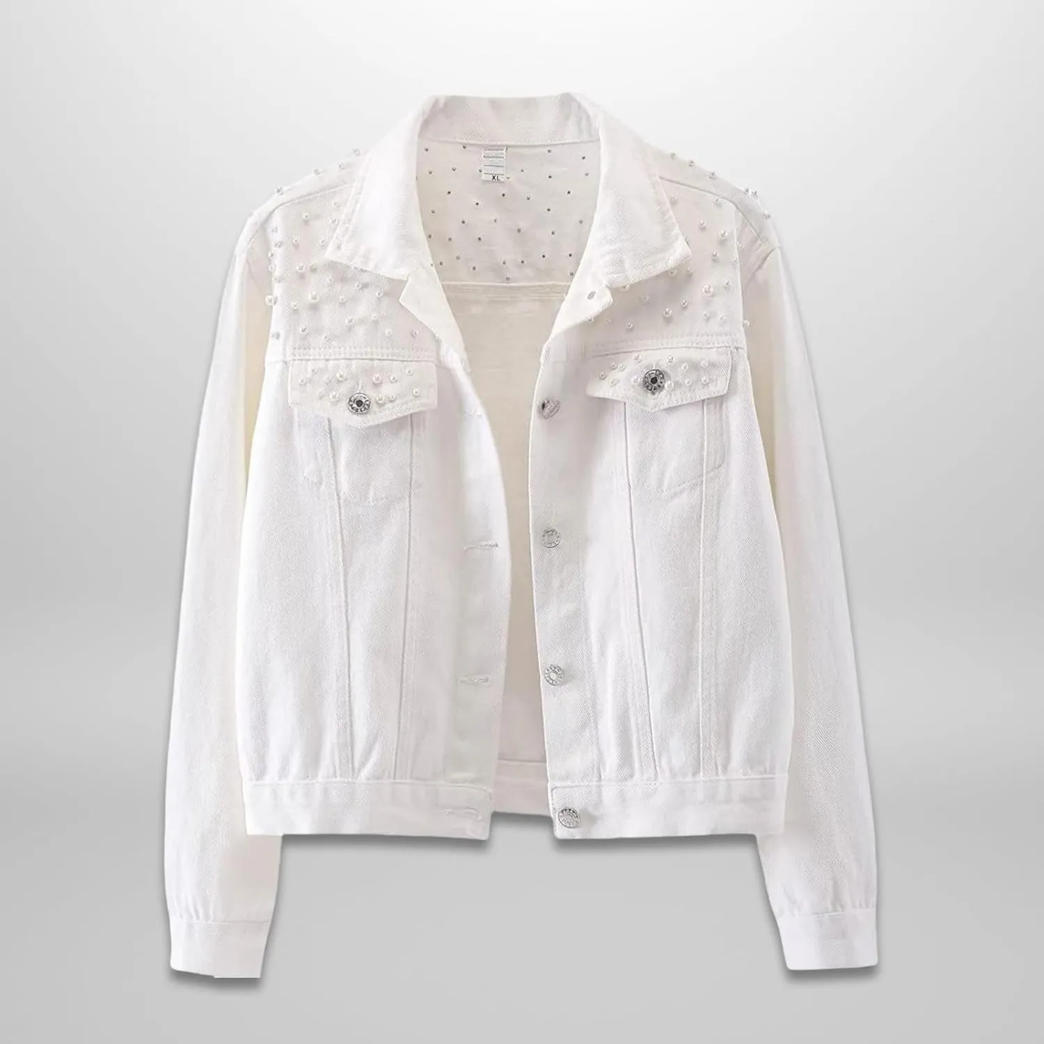 Womens Oversized Denim Jacket Embroidered Beading Pearls Short Jean Jacket Fashion Botton Down Coat