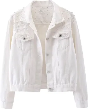 Womens Oversized Denim Jacket Embroidered Beading Pearls Short Jean Jacket Fashion Botton Down Coat