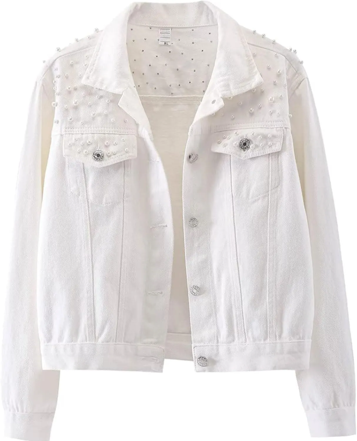 Womens Oversized Denim Jacket Embroidered Beading Pearls Short Jean Jacket Fashion Botton Down Coat