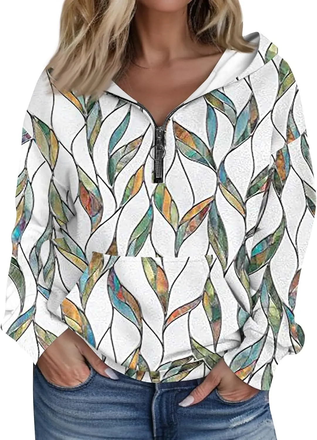 Women's Oversized Hoodies Casual Long Sleeve Color Block Half Zipper Pocket Sweatshirt Pullover Tops Hooded Tops with Pockets