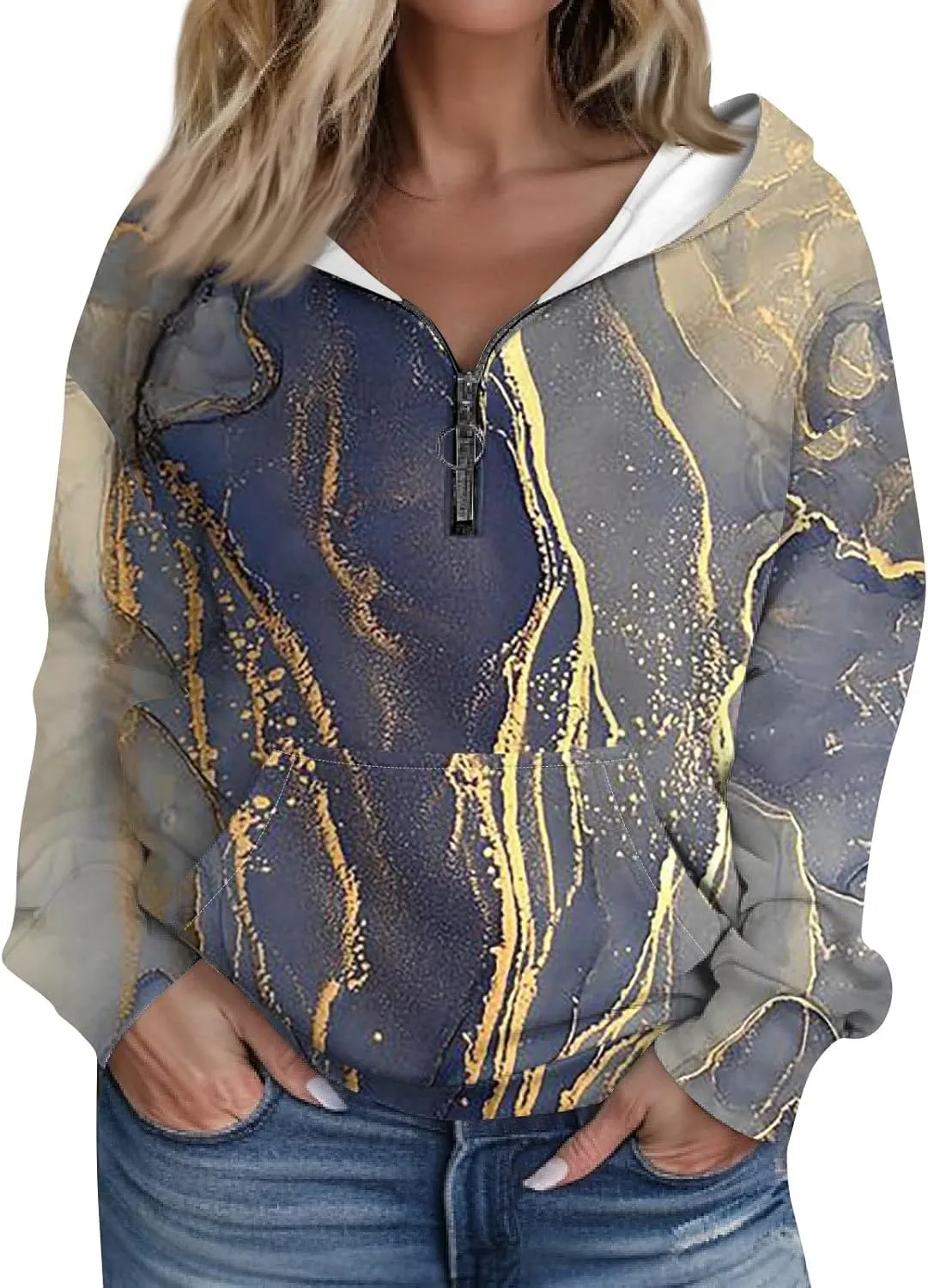 Women's Oversized Hoodies Casual Long Sleeve Color Block Half Zipper Pocket Sweatshirt Pullover Tops Hooded Tops with Pockets