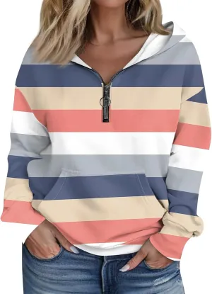 Women's Oversized Hoodies Casual Long Sleeve Color Block Half Zipper Pocket Sweatshirt Pullover Tops Hooded Tops with Pockets
