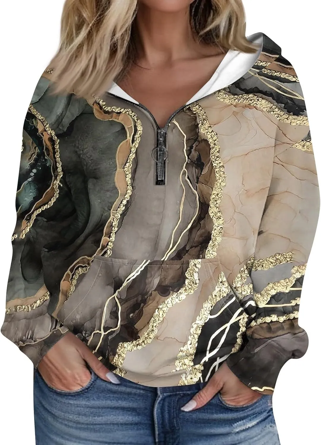 Women's Oversized Hoodies Casual Long Sleeve Color Block Half Zipper Pocket Sweatshirt Pullover Tops Hooded Tops with Pockets