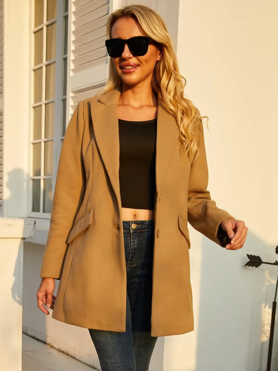 Womens Pea Coat Elegant Mid-Long Winter Coats for Women Overcoat V Neck Single Breasted Coat Outerwear