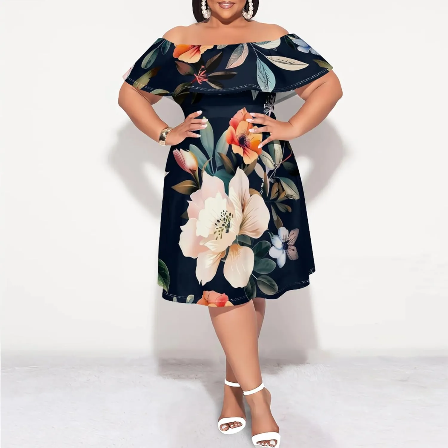 Women's Plus Size Summer Dresses Floral Print Midi Dresses Flowy Sundresses