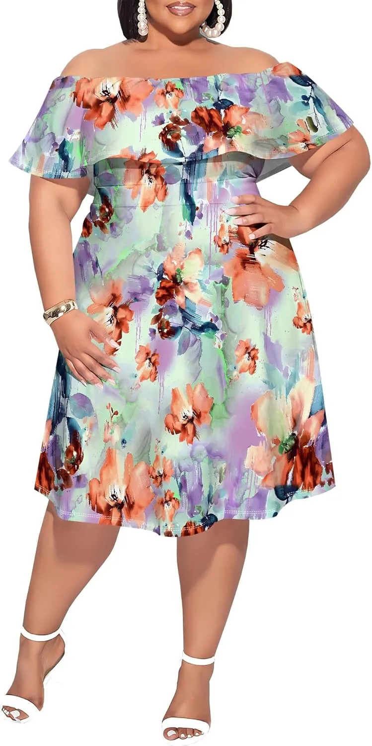 Women's Plus Size Summer Dresses Floral Print Midi Dresses Flowy Sundresses