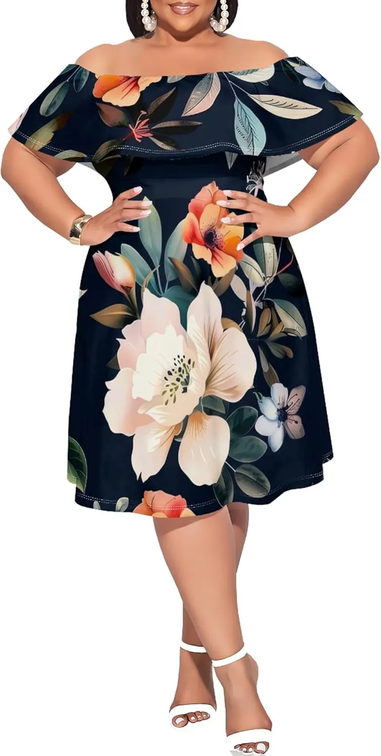 Women's Plus Size Summer Dresses Floral Print Midi Dresses Flowy Sundresses