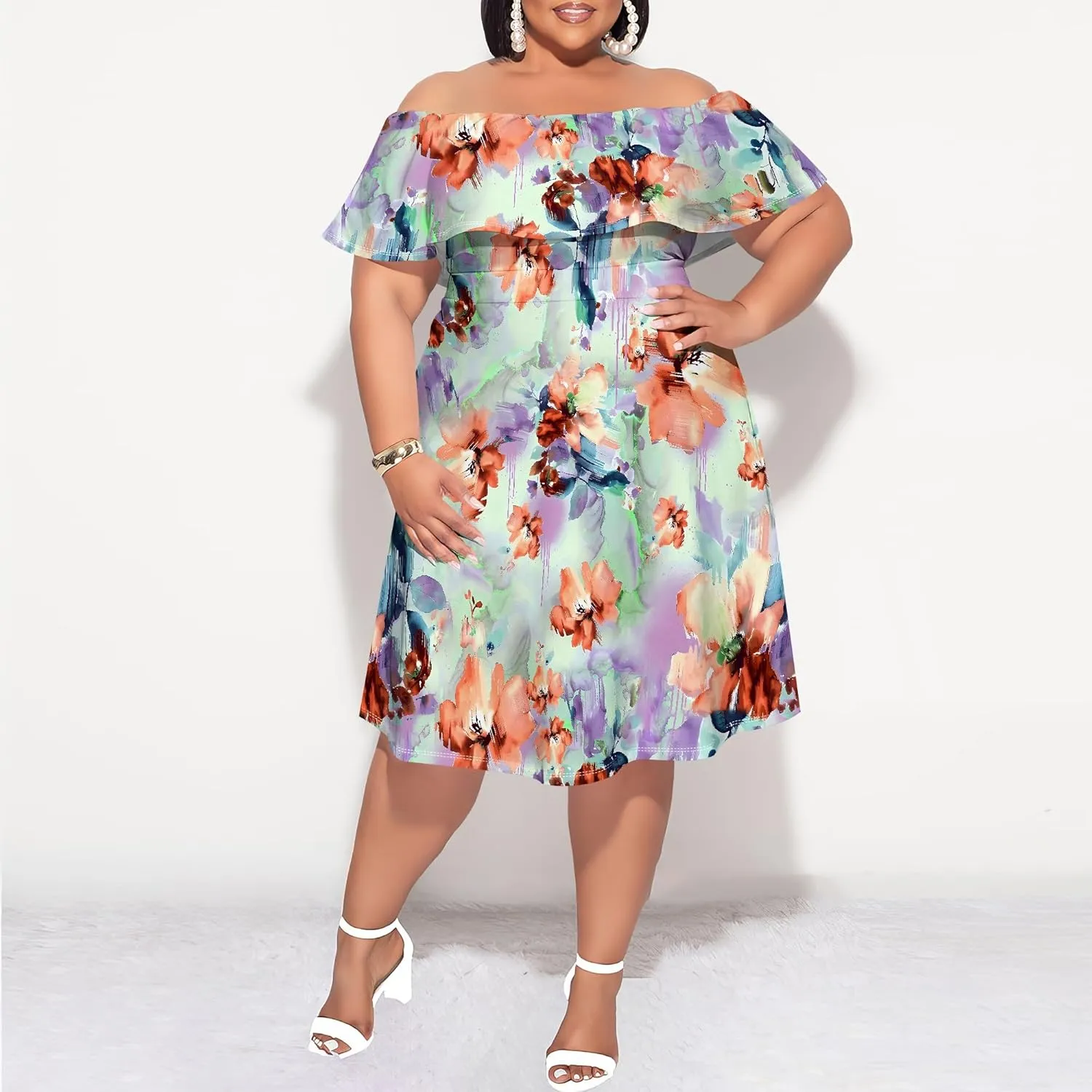 Women's Plus Size Summer Dresses Floral Print Midi Dresses Flowy Sundresses