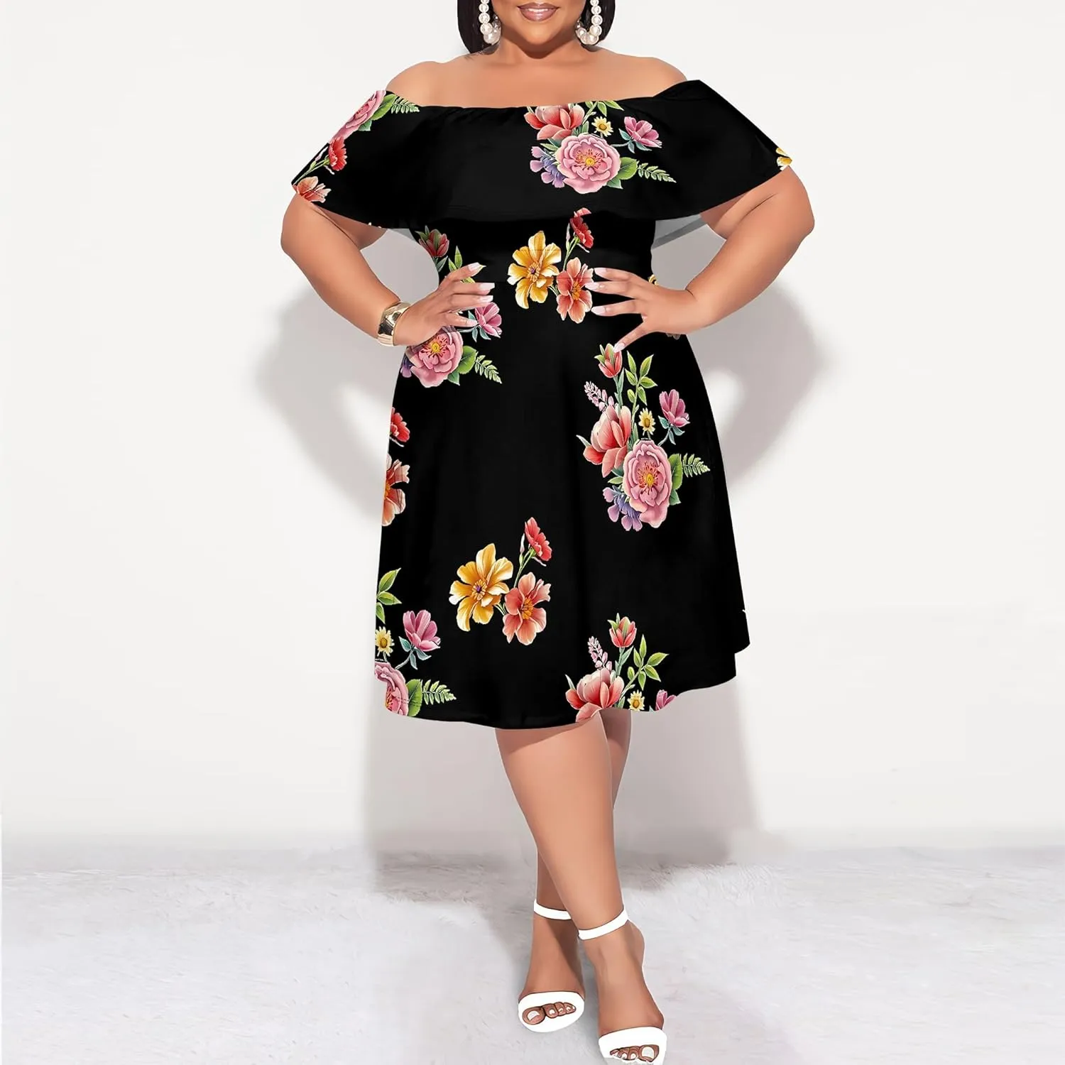 Women's Plus Size Summer Dresses Floral Print Midi Dresses Flowy Sundresses