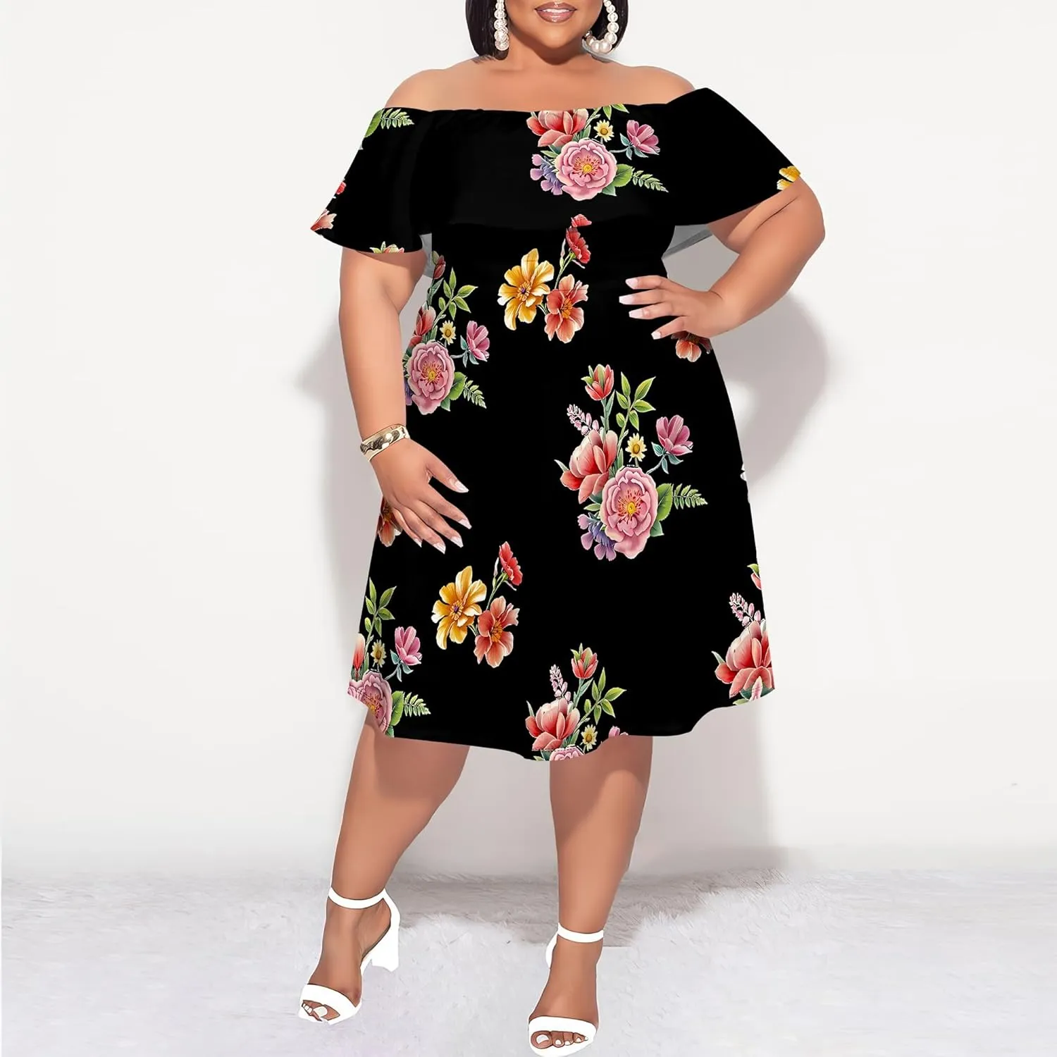 Women's Plus Size Summer Dresses Floral Print Midi Dresses Flowy Sundresses