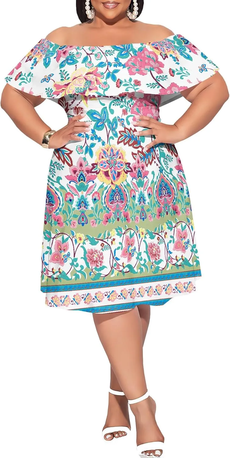 Women's Plus Size Summer Dresses Floral Print Midi Dresses Flowy Sundresses