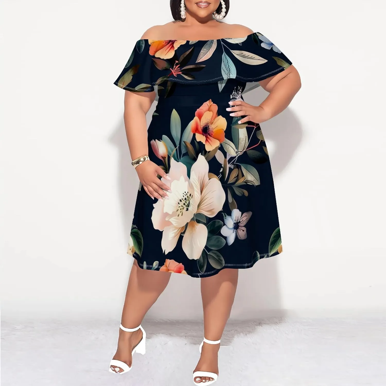 Women's Plus Size Summer Dresses Floral Print Midi Dresses Flowy Sundresses