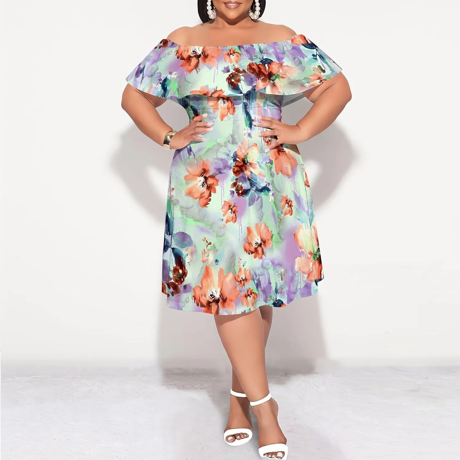 Women's Plus Size Summer Dresses Floral Print Midi Dresses Flowy Sundresses
