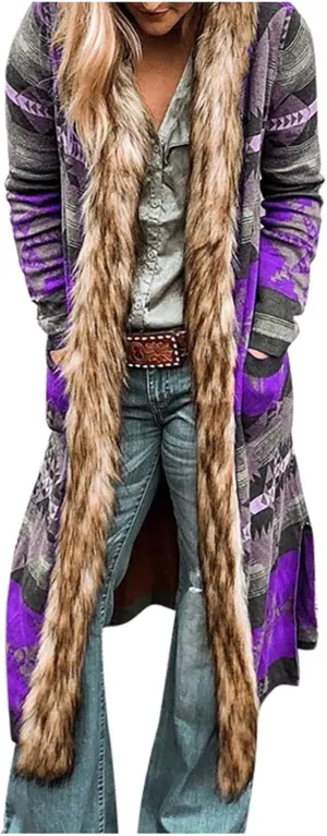 Womens Raw Hem Long Cardigans Trench Coat Oversized Boho Western Faux Fur Hoodie Overcoat Vintage Midi Length Outwear