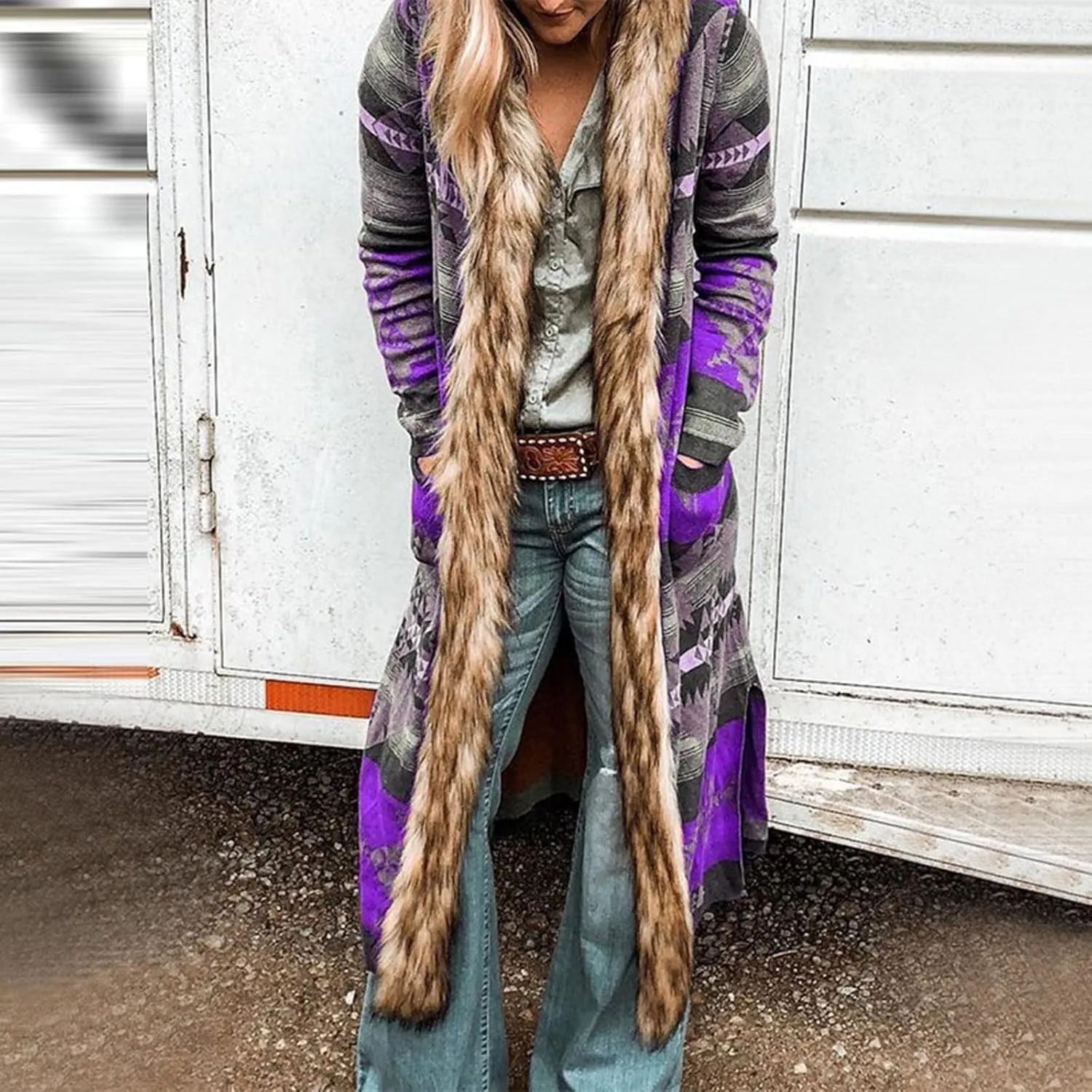 Womens Raw Hem Long Cardigans Trench Coat Oversized Boho Western Faux Fur Hoodie Overcoat Vintage Midi Length Outwear