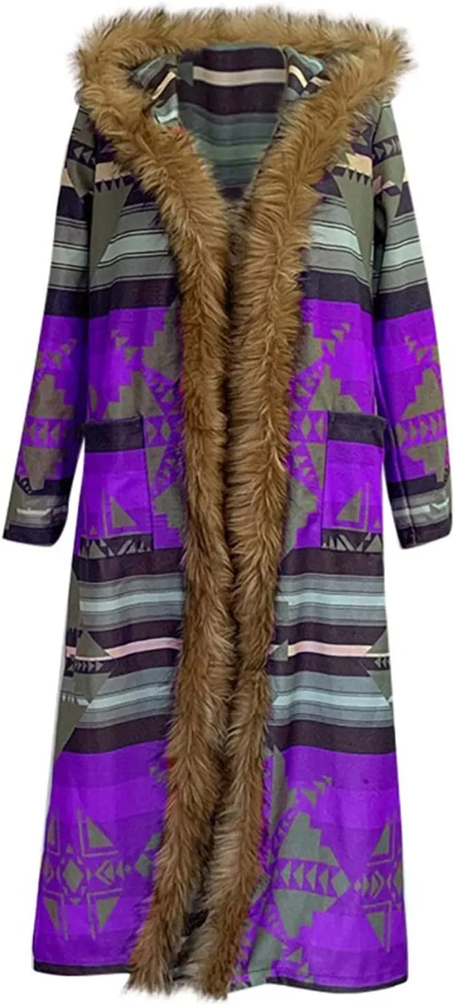 Womens Raw Hem Long Cardigans Trench Coat Oversized Boho Western Faux Fur Hoodie Overcoat Vintage Midi Length Outwear