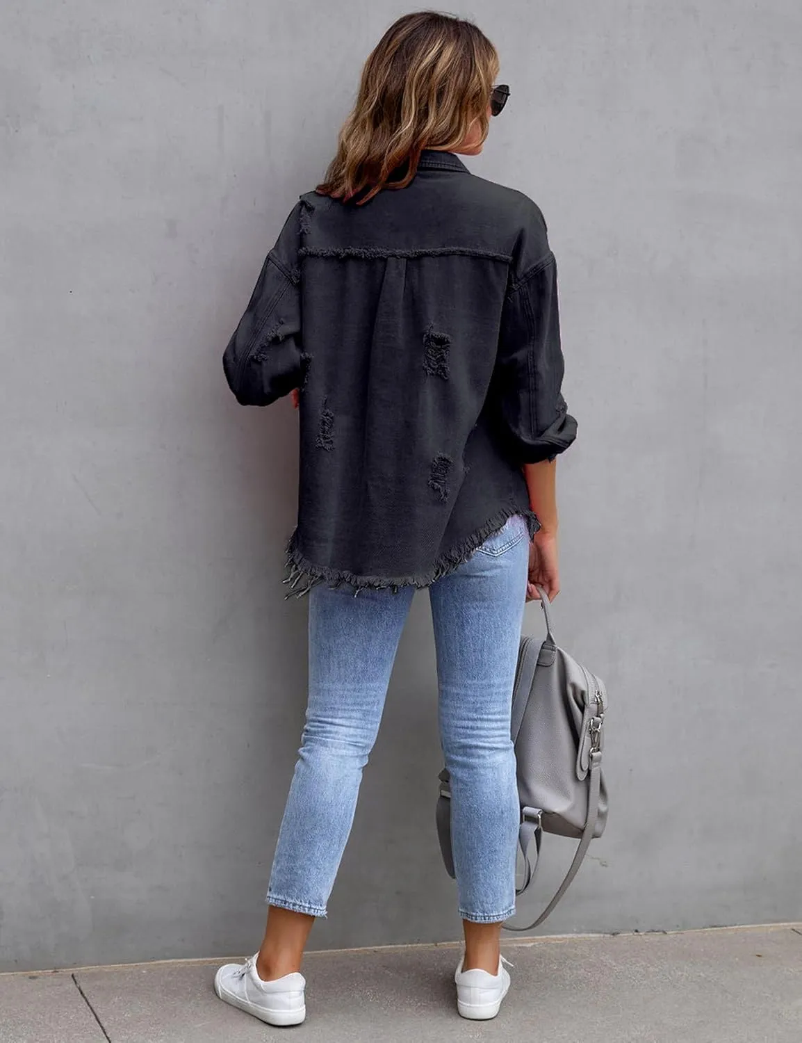 Womens Ripped Distressed Denim Jacket Tops Oversized Casual Long Sleeve Basic Jean Jacket Coats