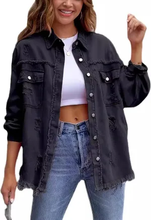 Womens Ripped Distressed Denim Jacket Tops Oversized Casual Long Sleeve Basic Jean Jacket Coats