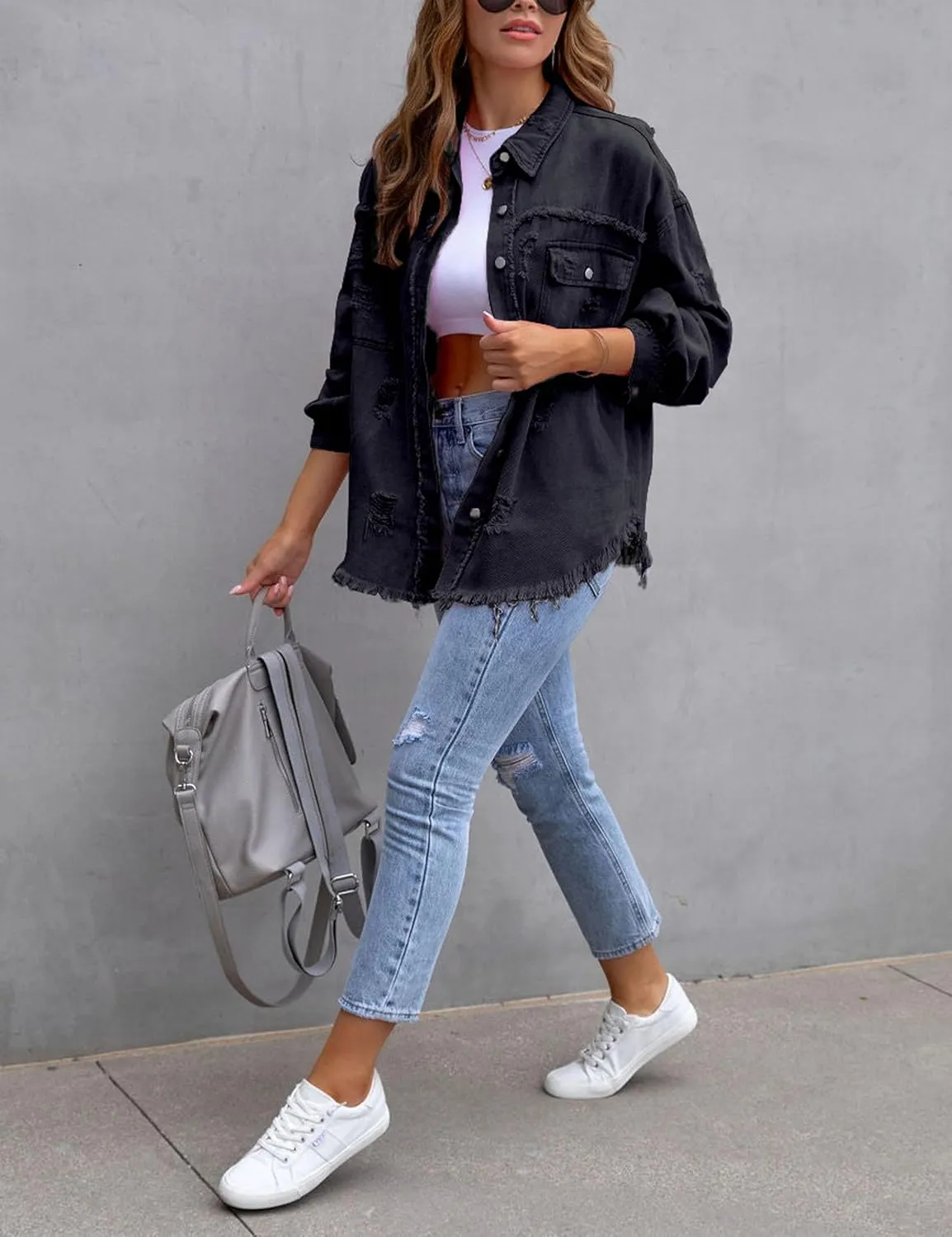 Womens Ripped Distressed Denim Jacket Tops Oversized Casual Long Sleeve Basic Jean Jacket Coats