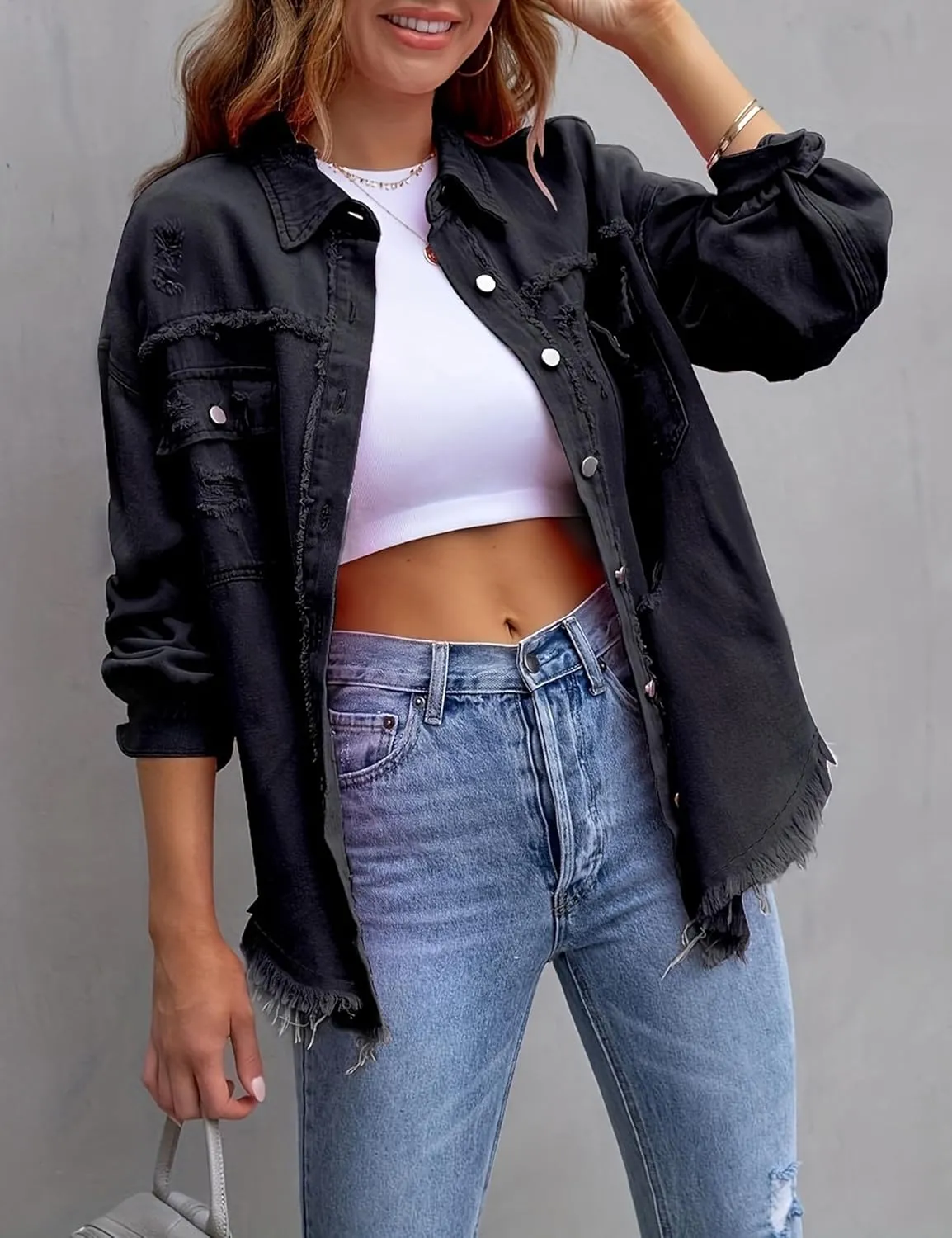Womens Ripped Distressed Denim Jacket Tops Oversized Casual Long Sleeve Basic Jean Jacket Coats
