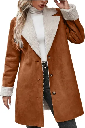 Womens Sherpa Fleece Lined Jacket Lamb Wool Padded Trench Coat Button Lapel Collar Parka Faux Suede Pea Coat Outerwear