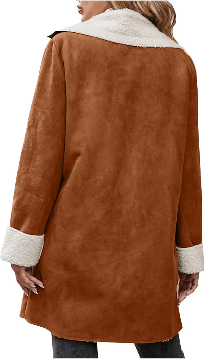 Womens Sherpa Fleece Lined Jacket Lamb Wool Padded Trench Coat Button Lapel Collar Parka Faux Suede Pea Coat Outerwear